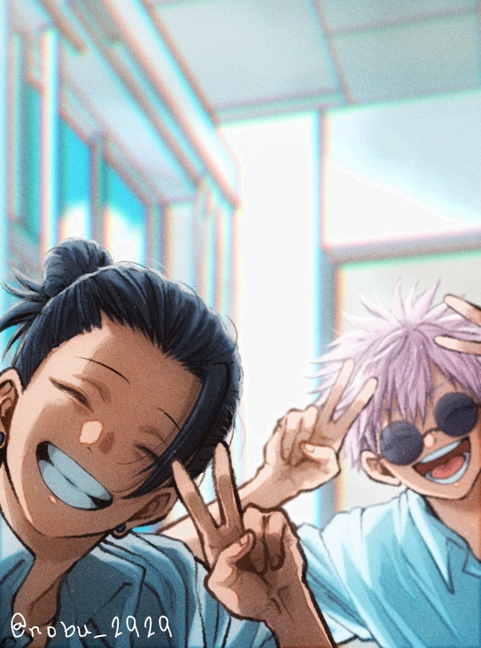 2boys, :d, ^_^, black_hair, closed_eyes, collared_shirt, ear_piercing, getou_suguru