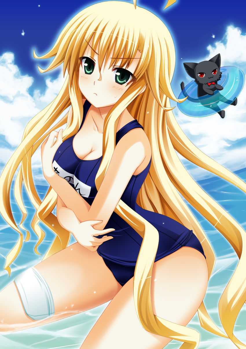 absurdres, bandages, blonde_hair, bowtie, breasts, cat, cleavage, green_eyes