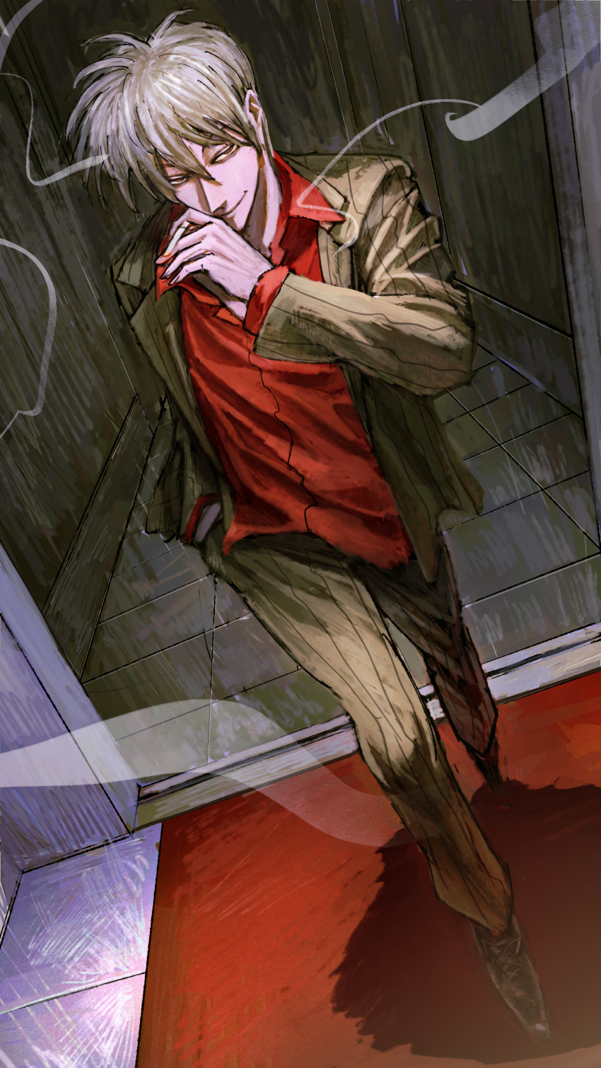 1boy, absurdres, akagi:_yami_ni_oritatta_tensai, akagi_shigeru, bags_under_eyes, brown_jacket, brown_pants, cigarette