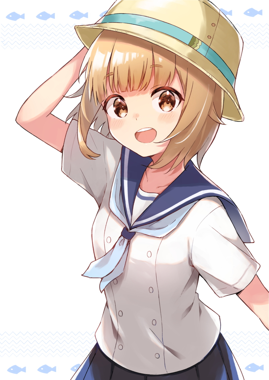 1girl, :d, arm_up, black_skirt, blue_neckerchief, blue_sailor_collar, blush, brown_eyes