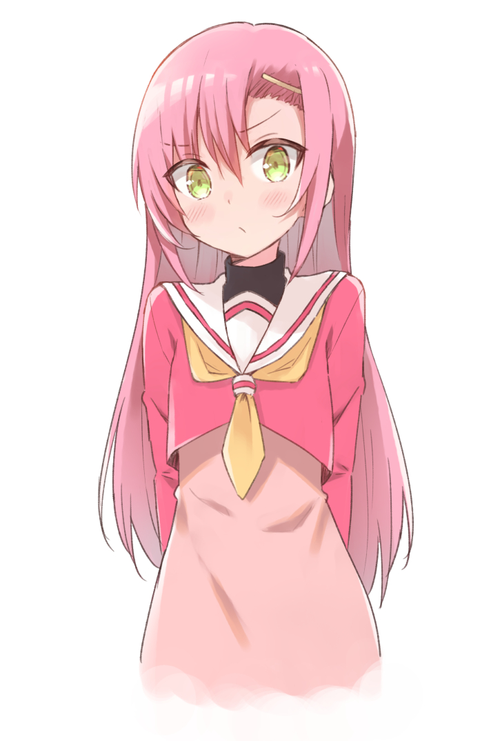 1girl, arms_behind_back, blush, closed_mouth, green_eyes, hair_between_eyes, hair_ornament, hairclip