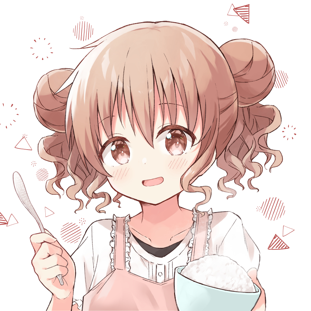 1girl, apron, bowl, brown_eyes, commentary_request, commission, double_bun, frilled_apron