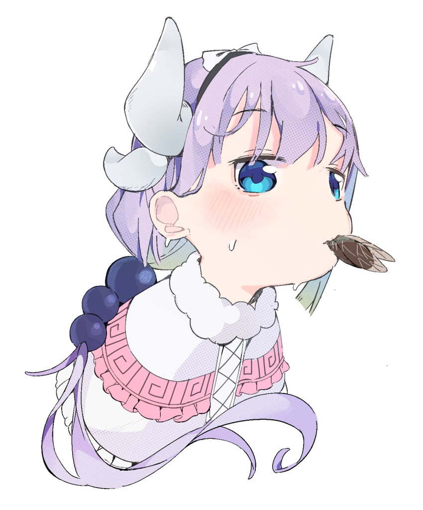1girl, animal_in_mouth, beads, black_hairband, blue_eyes, blue_hair, blush, bug, capelet, cicada, colored_inner_hair, commentary, cropped_shoulders, dragon_girl, dragon_horns, eating, floating_hair, fur-trimmed_capelet, fur_trim, gradient_hair, green_hair, hair_beads, hair_behind_ear, hair_ornament, hairband, highres, horns, kanna_kamui, kobayashi-san_chi_no_maidragon, long_hair, looking_at_viewer, low_ponytail, multicolored_hair, multiple_horns, purple_hair, raised_eyebrows, ranirani_(syohousen8), simple_background, solo, sweat, white_background, white_capelet