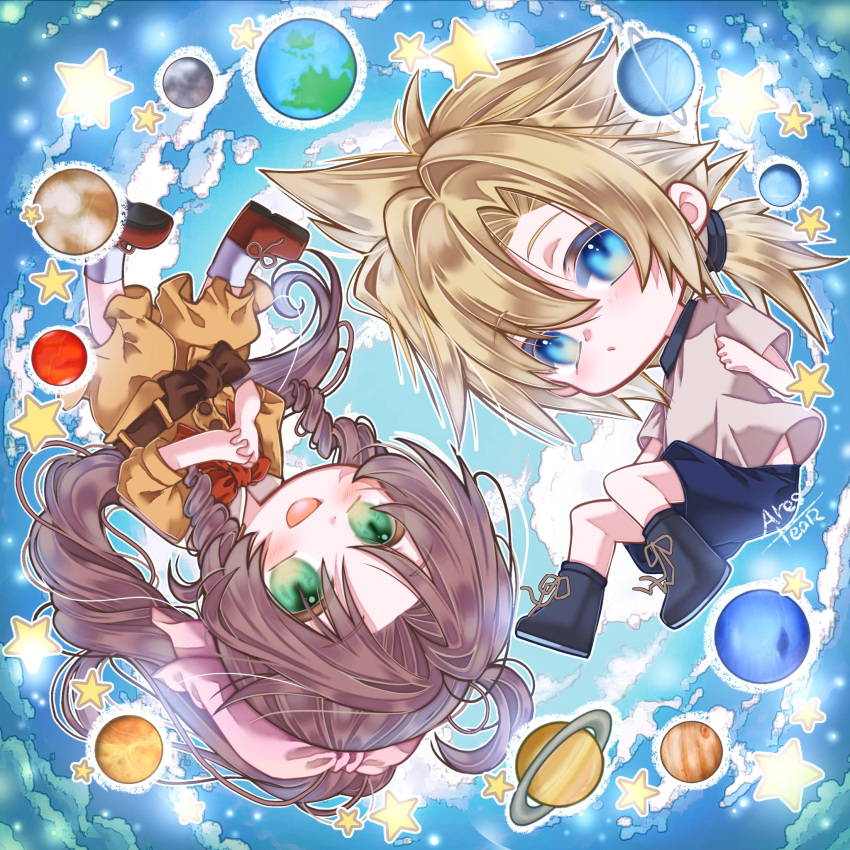1boy, 1girl, aerith_gainsborough, arestear0701, blonde_hair, blue_eyes, braid, brown_hair