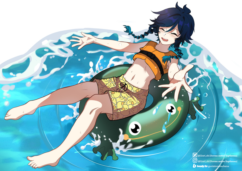 1boy, absurdres, bare_legs, barefoot, black_hair, blue_hair, braid, closed_eyes