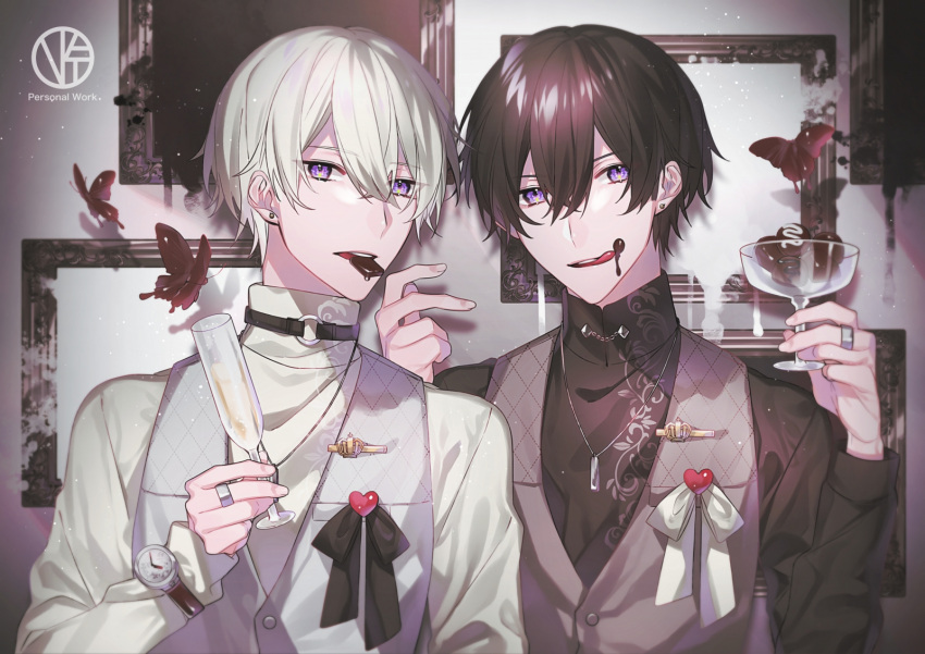 2boys, alcohol, black_hair, black_ribbon, black_shirt, black_vs_white, brown_vest, bug