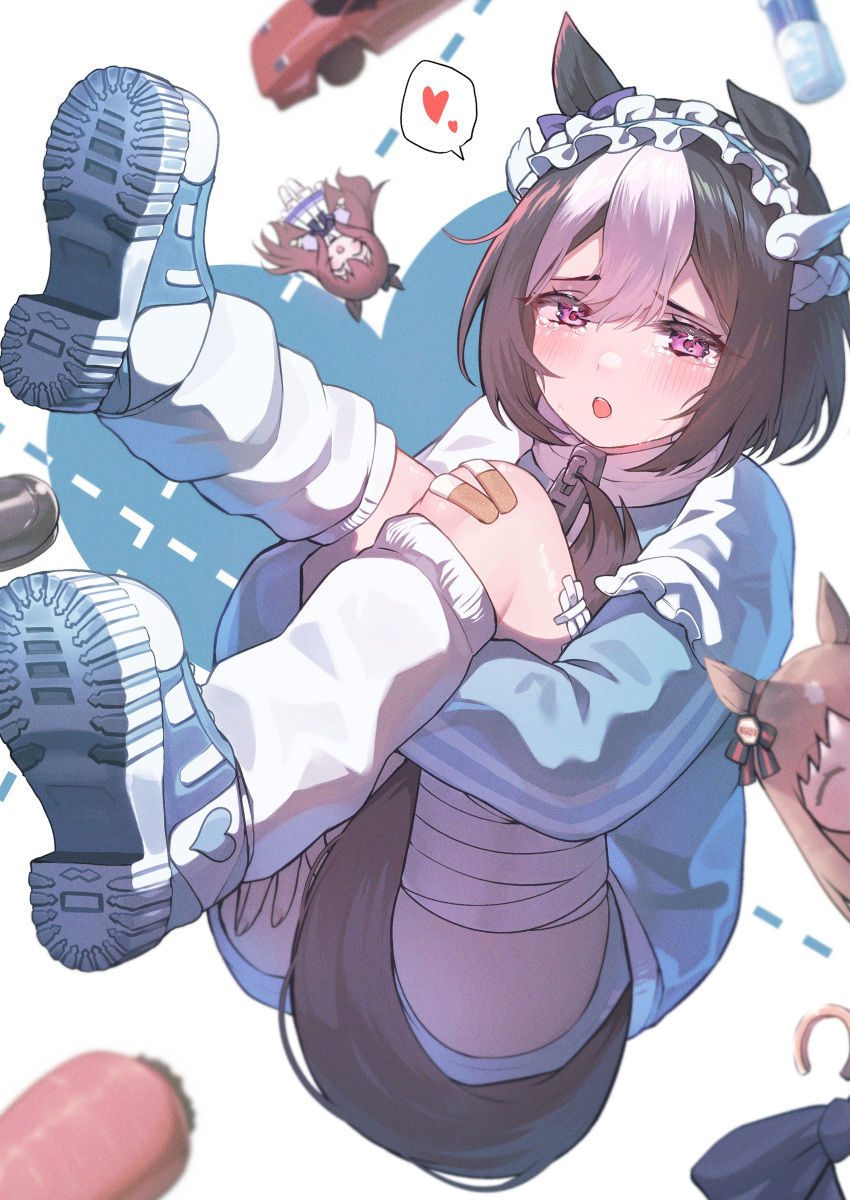 3girls, absurdres, animal_ears, bandage_on_thigh, bandaid, bandaid_on_knee, bandaid_on_leg, black_hair