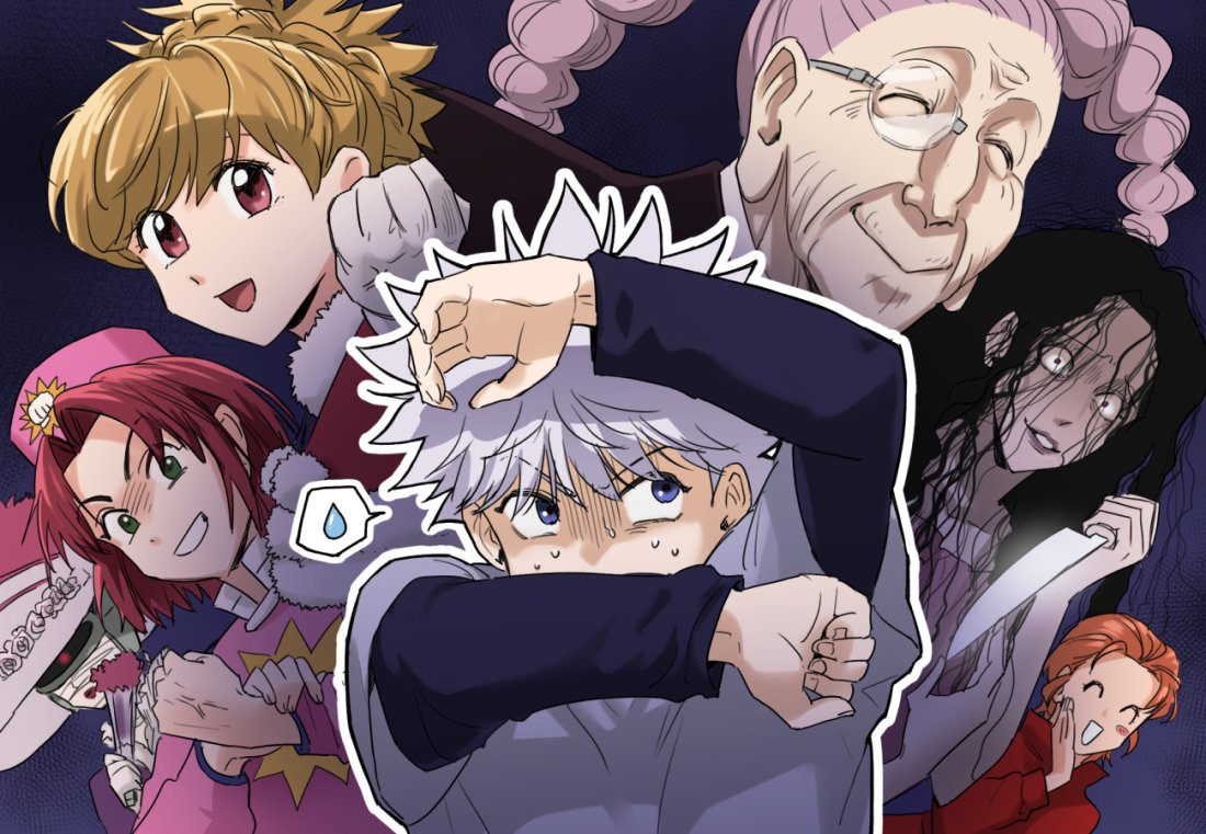:d, ^_^, artificial_eye, biscuit_krueger, black_hair, character_request, clenched_hand, closed_eyes, covering_face, evil_smile, glasses, holding, holding_knife, hunter_x_hunter, hxhtkfkd, kikyou_zoldyck, killua_zoldyck, knife, layered_sleeves, male_child, mechanical_eye, messy_hair, monocle, old, old_woman, orange_hair, palm_siberia, pink_hair, purple_hair, round_eyewear, scared, smile, spiky_hair, turn_pale, upper_body, veins, veiny_hands, wrinkled_skin, yandere