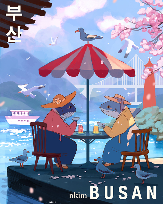 2girls, artist_name, bird, bridge, cherry_blossoms, cup, drinking, furry