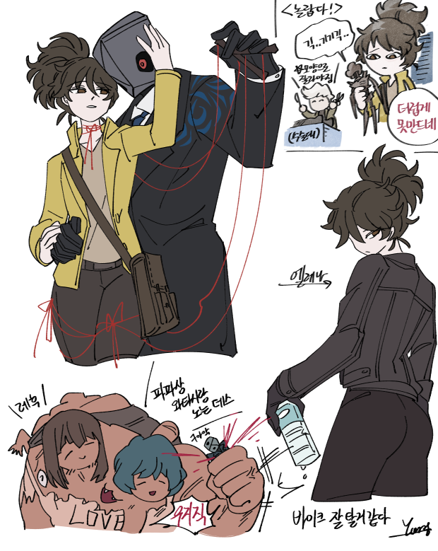 1boy, 1girl, black_coat, black_jacket, bottle, brown_bag, brown_hair, brown_pants, coat, elena_(project_moon), force_(4sk_force), grey_shirt, hand_up, high_ponytail, holding, holding_bottle, jacket, jae-heon, library_of_ruina, long_sleeves, mask, medium_hair, multiple_views, pants, project_moon, puppet_(library_of_ruina), puppet_strings, red_eyes, red_ribbon, ribbon, shirt, sidelocks, simple_background, tomerry_(project_moon), updo, water_bottle, white_background, yellow_jacket