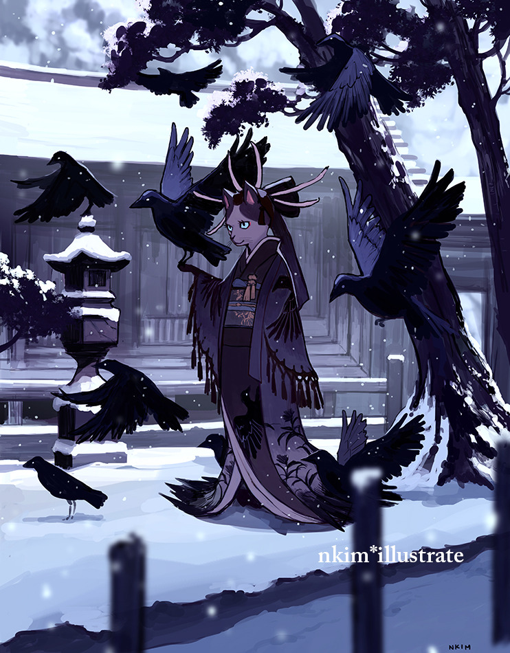 1girl, architecture, arm_up, artist_name, bird, bird_on_hand, black_kimono, black_shawl