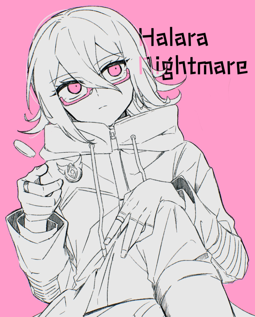 1other, character_name, closed_mouth, commentary_request, greyscale_with_colored_background, hair_between_eyes, hand_on_own_knee, highres, hood, hood_down, hooded_coat, jewelry, kinatsu_(q_bkad), long_sleeves, looking_to_the_side, master_detective_archives:_rain_code, nightmare_halara, pink_background, ring, semi-rimless_eyewear, short_hair, simple_background, sitting, solo