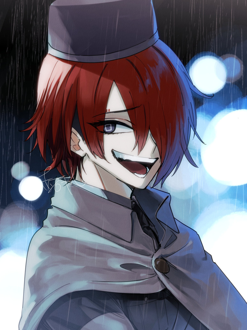 1boy, absurdres, akaishi_yashi, black_headwear, black_jacket, cape, collared_shirt, evil_smile