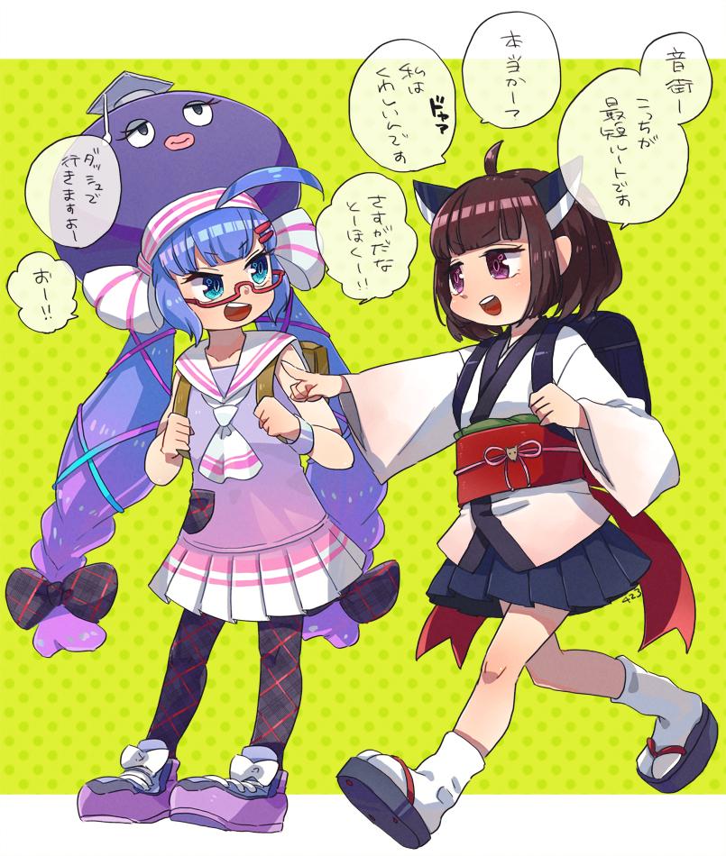 2girls, ahoge, argyle, argyle_bow, argyle_pantyhose, backpack, bag, black_bag