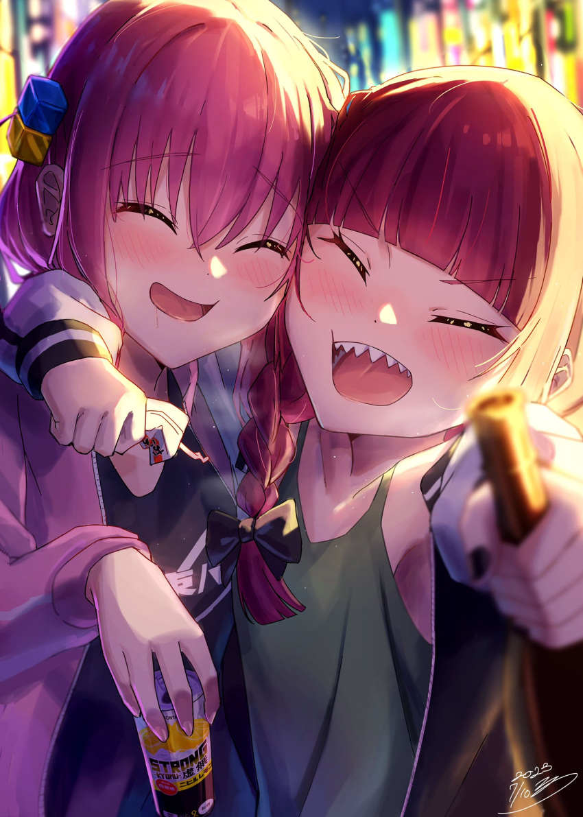 2girls, ^_^, alcohol_carton, arm_around_neck, black_bow, black_jacket, black_shirt, blurry
