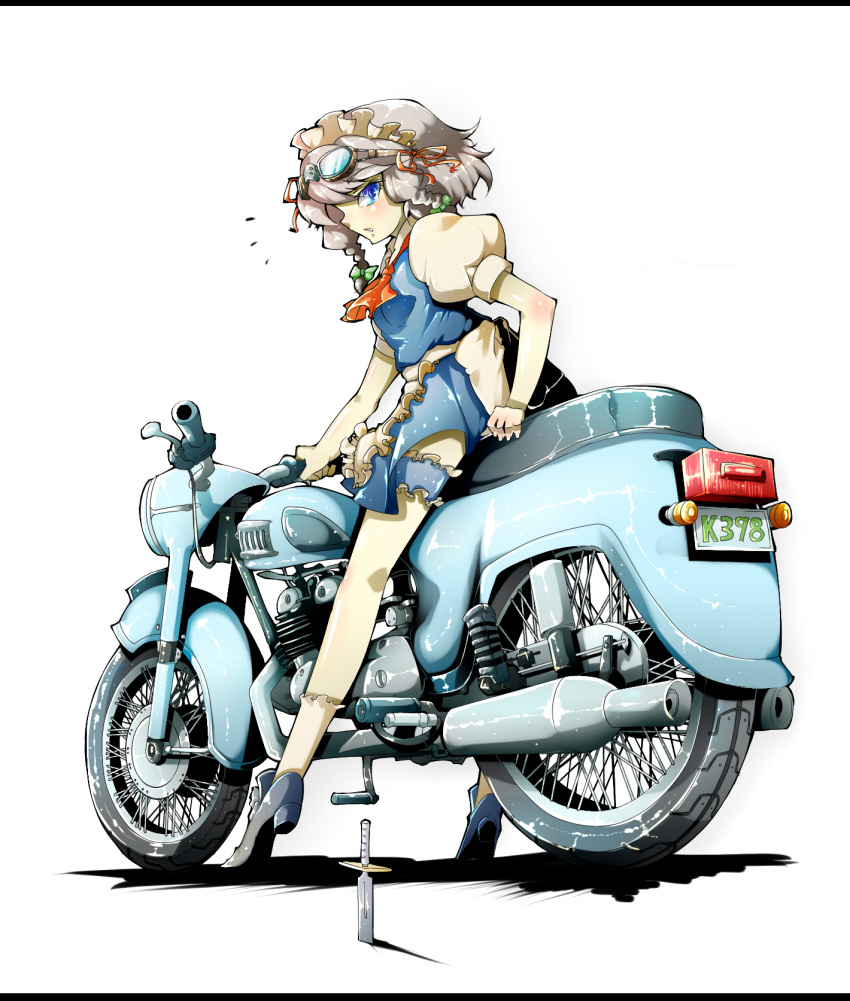 alternate_costume, blue_eyes, braid, contemporary, goggles, goggles_on_head, highres, izayoi_sakuya