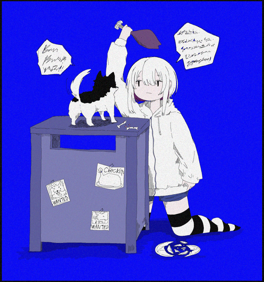 1girl, ashi_izumo, black_thighhighs, blue_background, blue_shorts, bone, boned_meat, broken