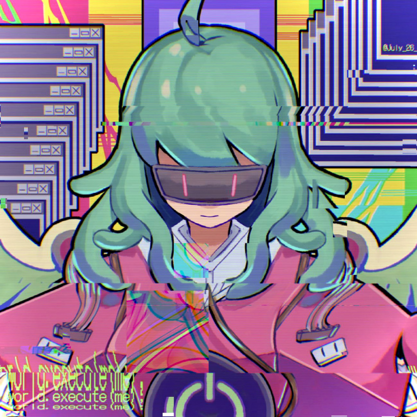 1girl, ahoge, artist_name, chromatic_aberration, closed_mouth, electrical_outlet, expressionless, facing_down