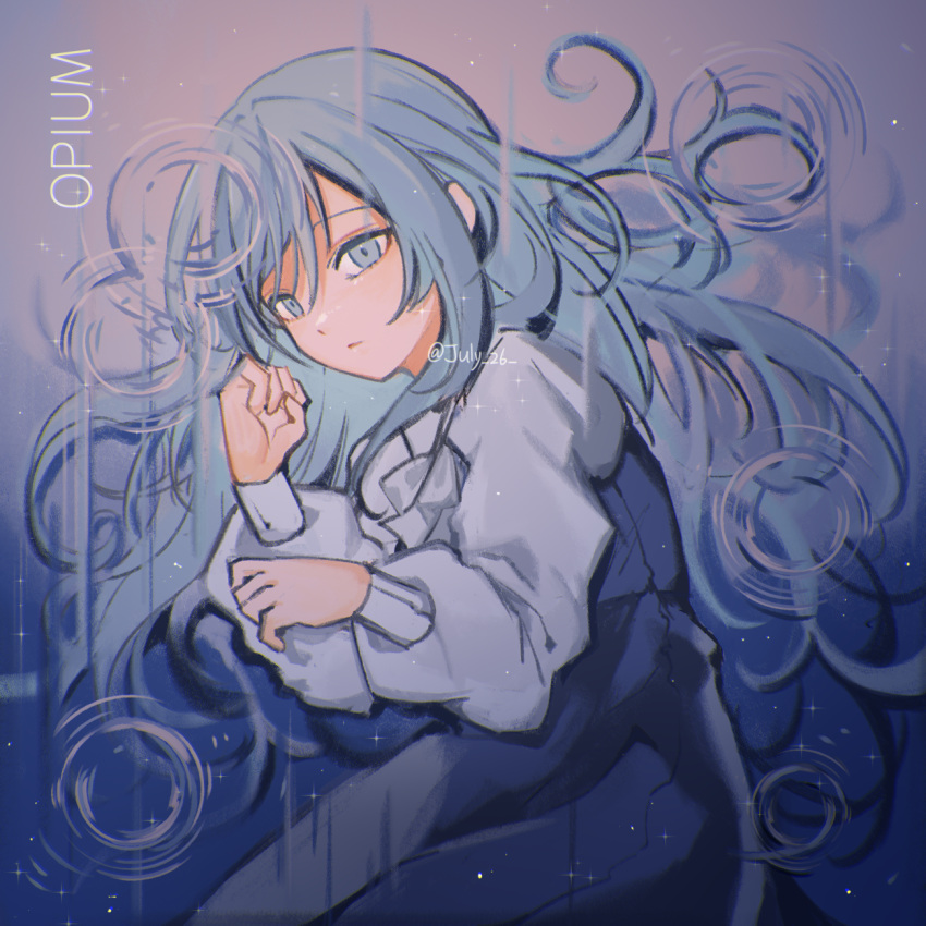 1girl, artist_name, blue_dress, blue_eyes, blue_hair, bow, bowtie, chromatic_aberration
