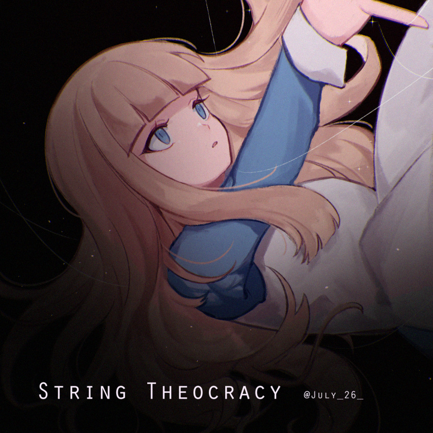 1girl, apron, artist_name, black_background, blonde_hair, blue_dress, blue_eyes, blunt_bangs
