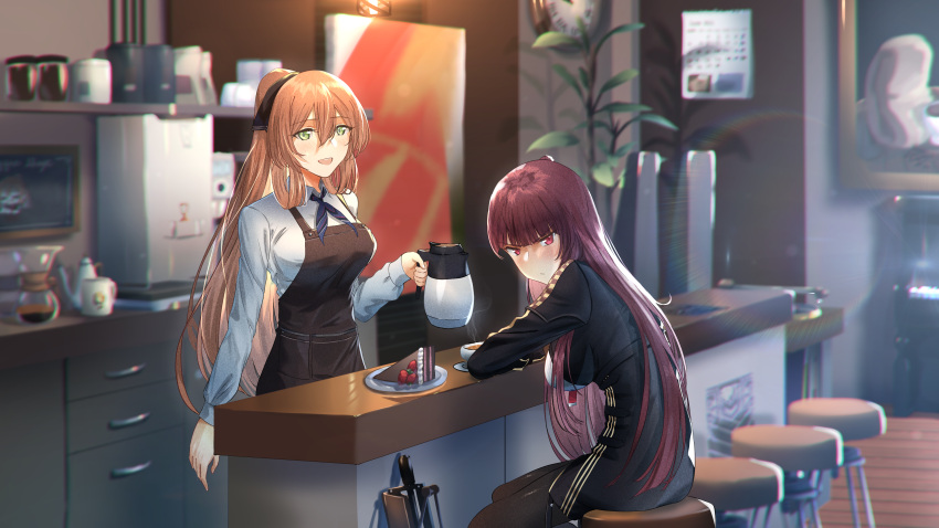 2girls, absurdres, apron, bar_stool, black_apron, black_jacket, black_pantyhose, blue_neckerchief