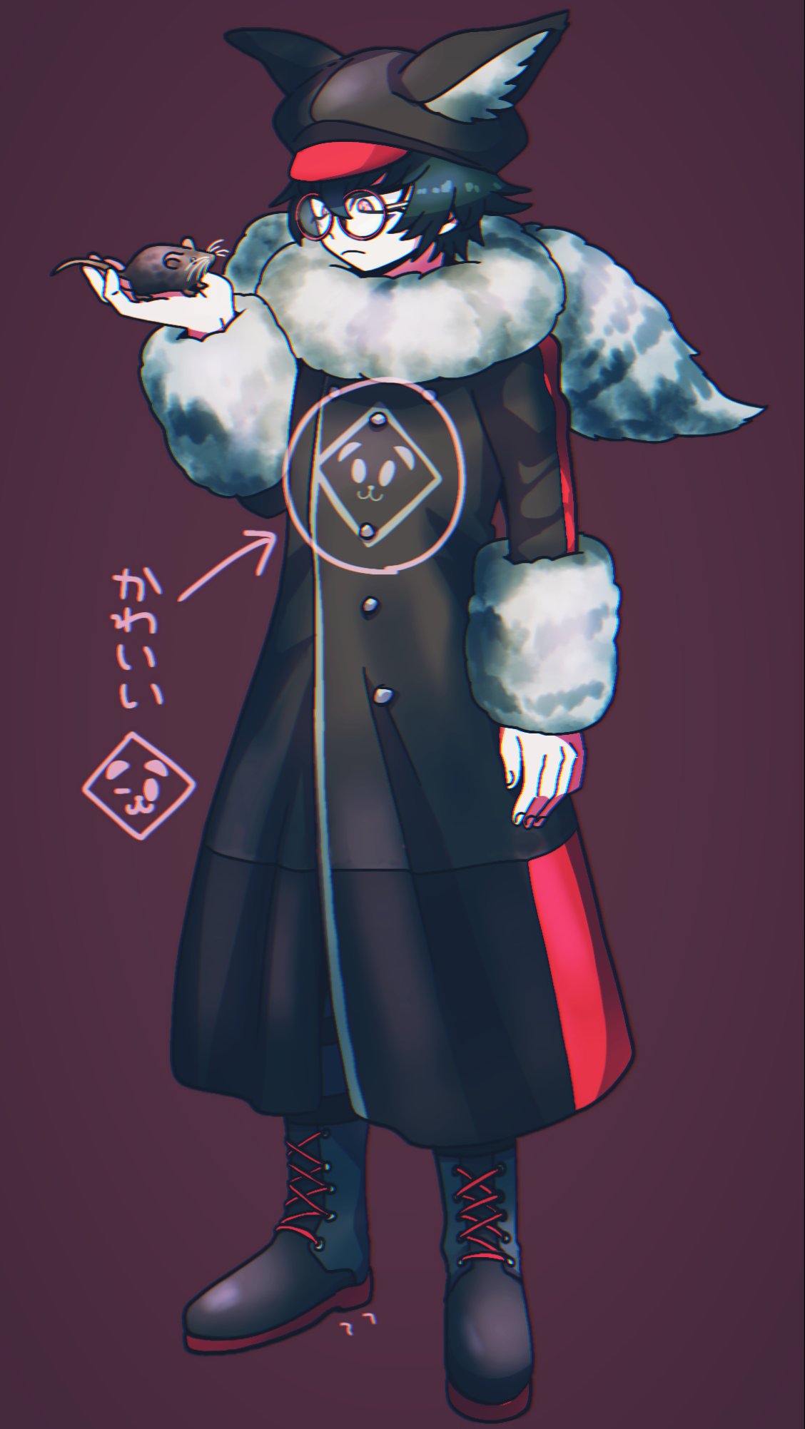 1boy, animal, animal_ears, animal_hat, animal_on_hand, arrow_(symbol), black_coat, black_footwear