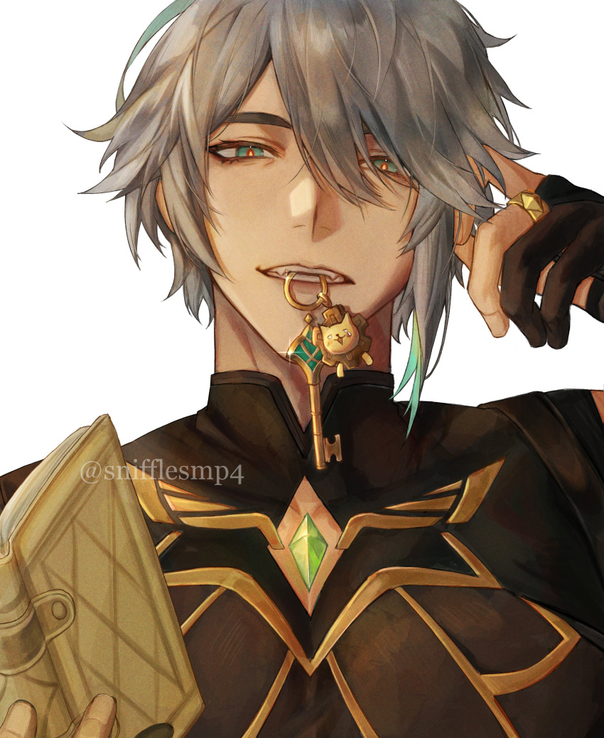 1boy, absurdres, alhaitham_(genshin_impact), aqua_eyes, aqua_hair, black_bridal_gauntlets, black_shirt, book, genshin_impact, grey_hair, highres, holding, holding_book, jewelry, key, key_in_mouth, looking_at_viewer, male_focus, multicolored_eyes, multicolored_hair, red_eyes, ring, shirt, short_hair, smile, snifflesmp4, solo, teeth, yellow_eyes