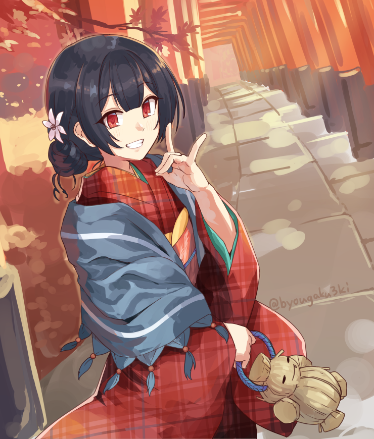 1girl, autumn_leaves, black_hair, blush, byougaku, doll, flower, fox_shadow_puppet