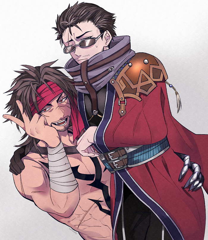2boys, annoyed, arm_wrap, armor, asymmetrical_gloves, auron, bandana, belt