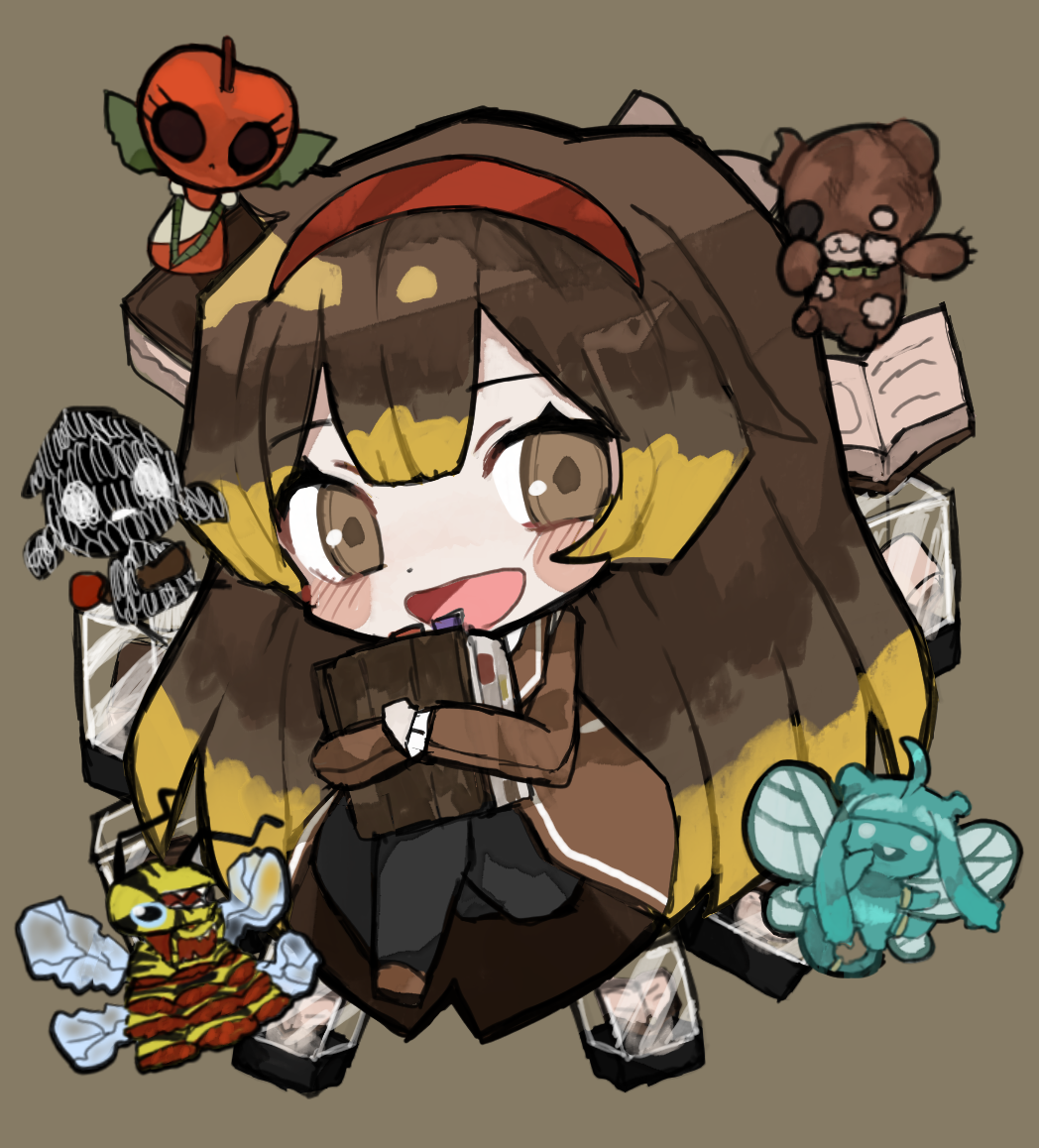 1girl, akaimo_(akaimokou), blush, book, brown_coat, brown_eyes, brown_hair, chibi