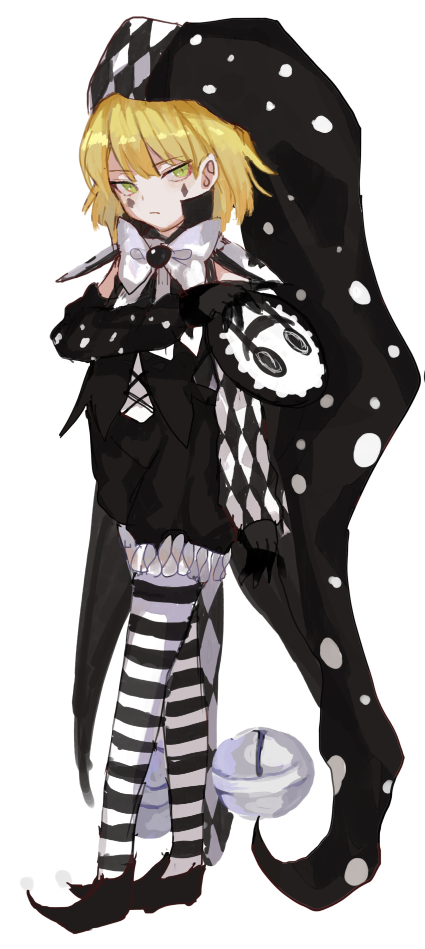 1girl, absurdres, akaimo_(akaimokou), asymmetrical_sleeves, black_coat, black_footwear, black_shorts, blonde_hair, closed_mouth, coat, e.g.o_(project_moon), frilled_shorts, frills, green_eyes, hat, highres, jester_cap, library_of_ruina, looking_at_viewer, medium_hair, mismatched_sleeves, pantyhose, project_moon, shoes, shorts, simple_background, solo, striped, striped_pantyhose, the_jester_of_nihil, tiphereth_a_(project_moon), white_background