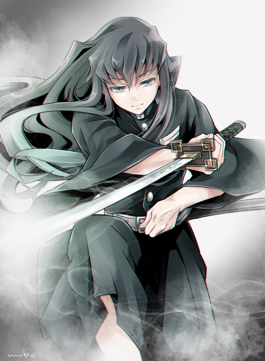 1boy, absurdres, belt, black_hair, closed_mouth, demon_slayer_uniform, fog, highres