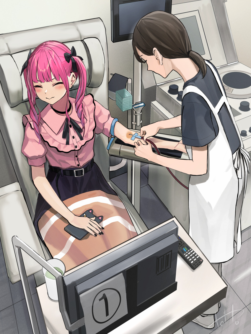 2girls, absurdres, apron, armrest, belt, black_belt, black_choker, black_hair