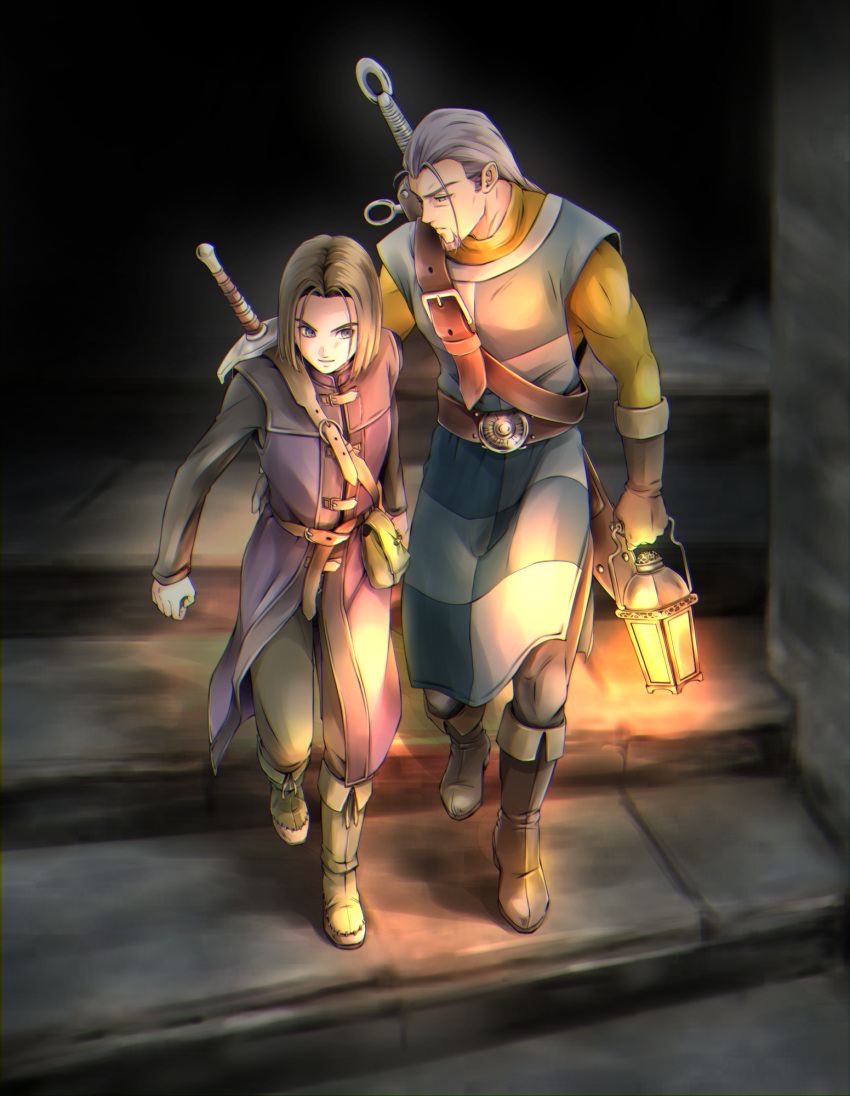 2boys, arm_around_waist, bag, belt, blue_tunic, bob_cut, boots, checkered_clothes