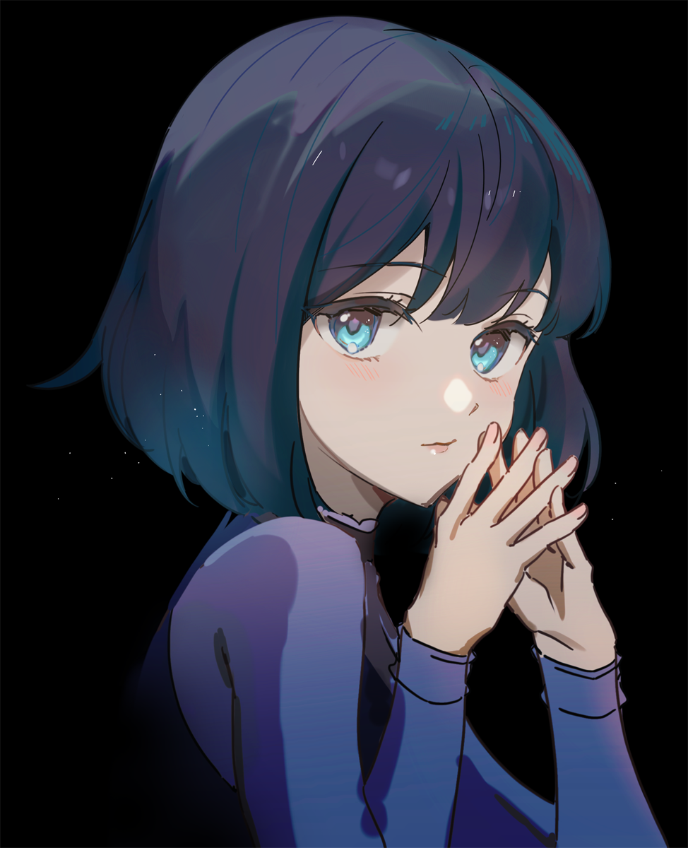 1girl, black_background, blue_dress, blue_eyes, blue_hair, blush, closed_mouth, commentary