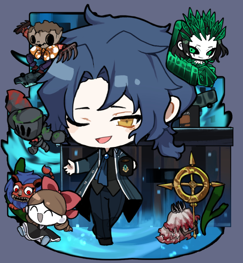 1boy, adult_who_tells_lies_(project_moon), akaimo_(akaimokou), black_footwear, black_hair, black_shirt, blue_background, blue_coat