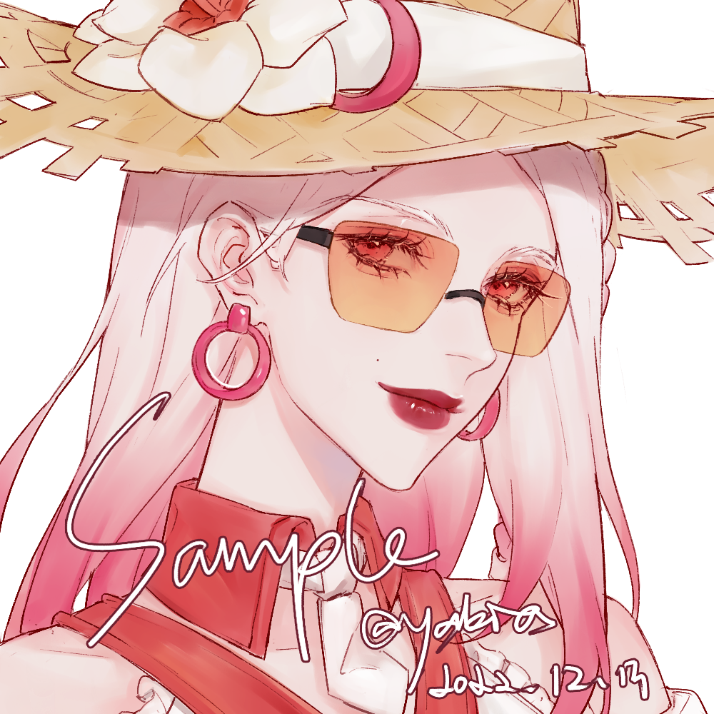 1girl, ashe_(overwatch), collarbone, commission, dated, detached_collar, earrings, flower, gradient_hair, hair_behind_ear, hat, hat_flower, jewelry, lipstick, makeup, mole, mole_above_mouth, multicolored_hair, necktie, official_alternate_costume, orange-tinted_eyewear, overwatch, poolside_ashe, portrait, red_lips, redhead, sample_watermark, shi_mie_ye, short_necktie, smile, solo, straw_hat, sunglasses, tinted_eyewear, white_flower, white_hair, white_necktie