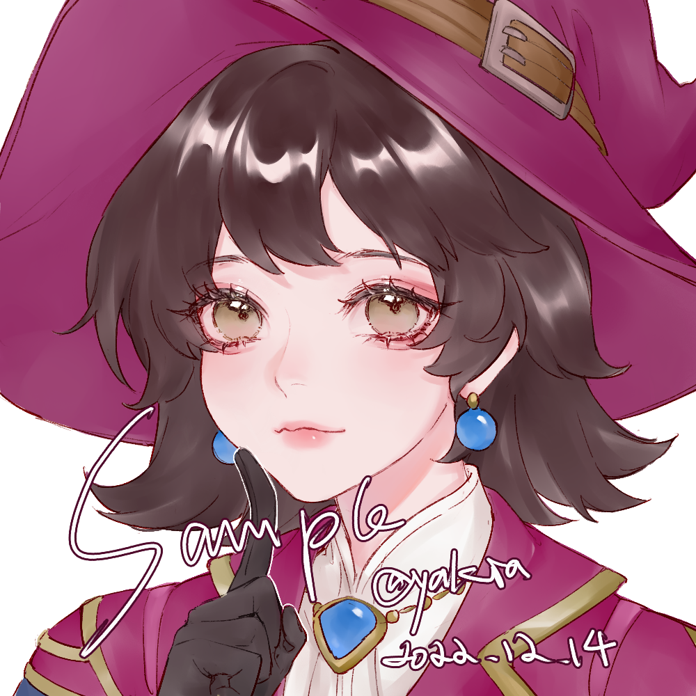 1girl, animification, black_gloves, blush, brown_eyes, commission, dated, earrings, gloves, hat, hat_belt, jacket, jewelry, kiriko_(overwatch), looking_at_viewer, medium_hair, overwatch, overwatch_2, portrait, purple_headwear, purple_jacket, sample_watermark, shi_mie_ye, shirt, smile, solo, white_background, white_shirt, witch_hat, witch_kiriko