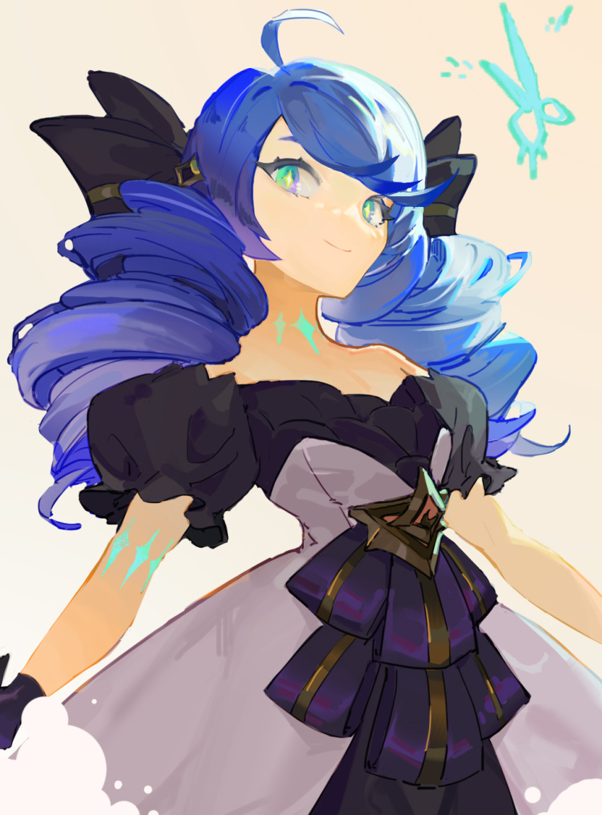 1girl, ahoge, bare_shoulders, black_bow, black_dress, black_gloves, black_sleeves, blue_hair