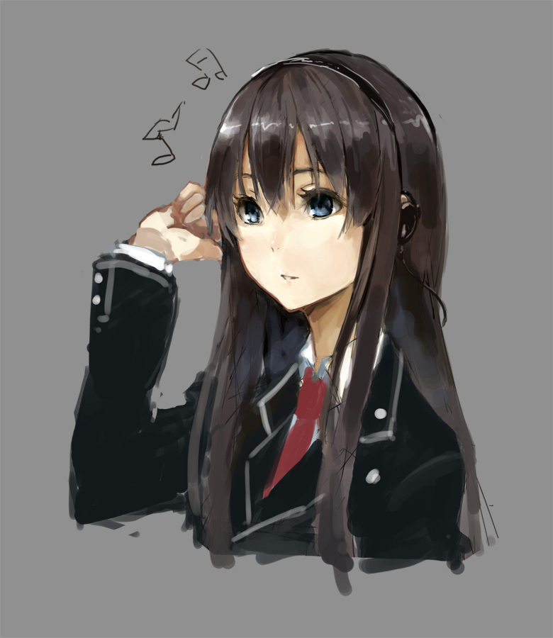 blazer, blue_eyes, headphones, houru, long_hair, musical_note, original, solo