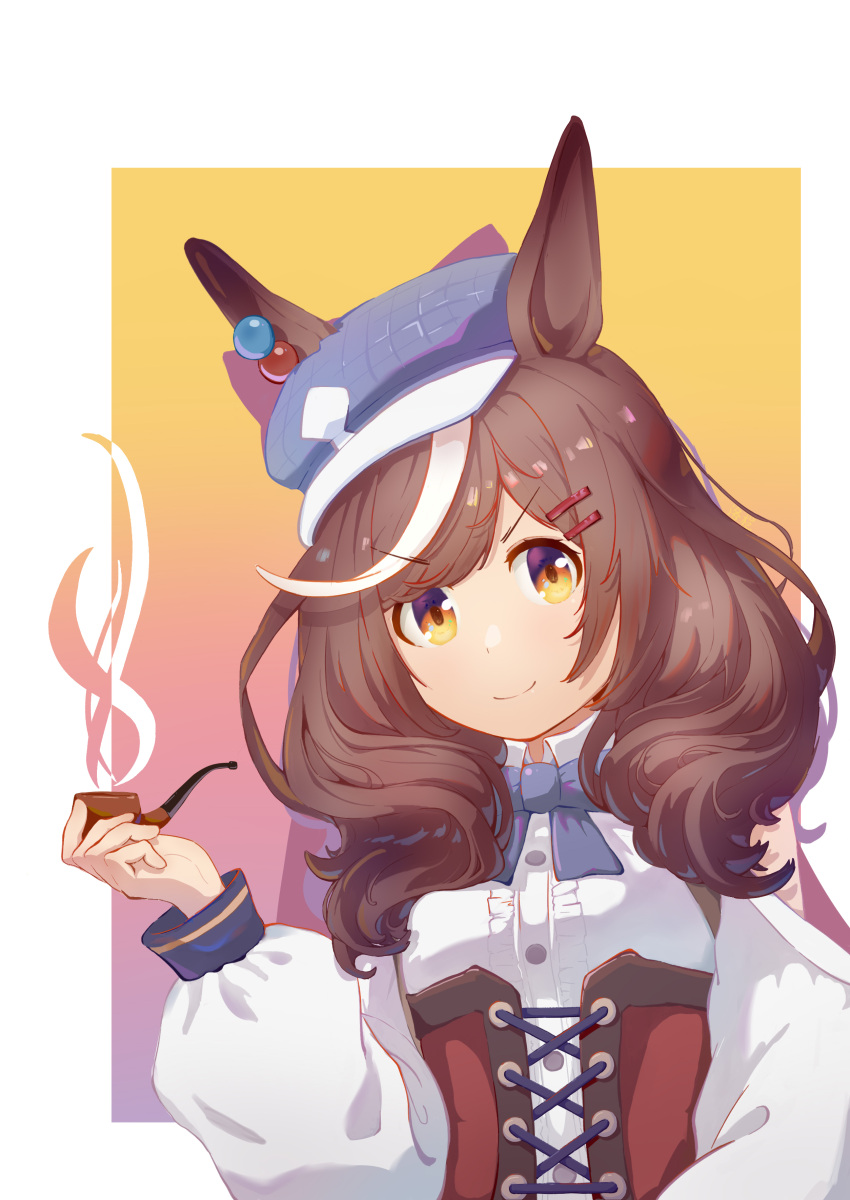1girl, absurdres, animal_ears, blunt_bangs, breasts, closed_mouth, clothing_cutout, commentary_request, hair_between_eyes, hair_ornament, hairclip, hat, highres, holding, holding_smoking_pipe, horse_ears, horse_girl, looking_at_viewer, loqpak, matikane_tannhauser_(umamusume), medium_breasts, medium_hair, shoulder_cutout, simple_background, smile, smoking_pipe, solo, umamusume, white_background, yellow_eyes