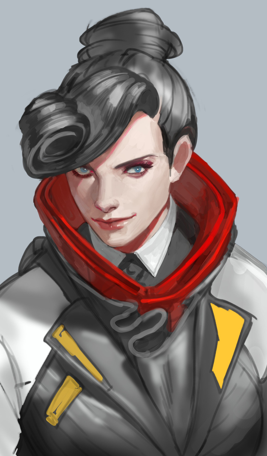 1girl, absurdres, apex_legends, black_jacket, black_necktie, black_shirt, blue_eyes, collared_shirt