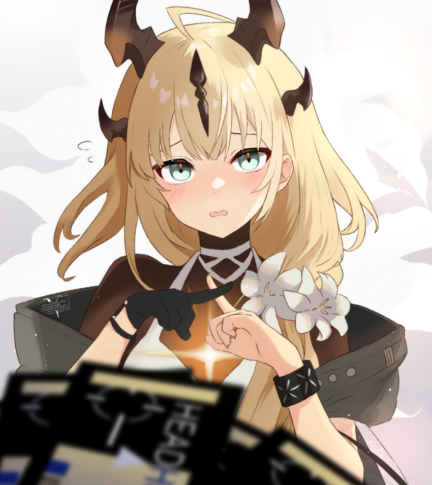 1girl, arknights, black_gloves, blonde_hair, dr.lamina, dragon_girl, dragon_horns, dress