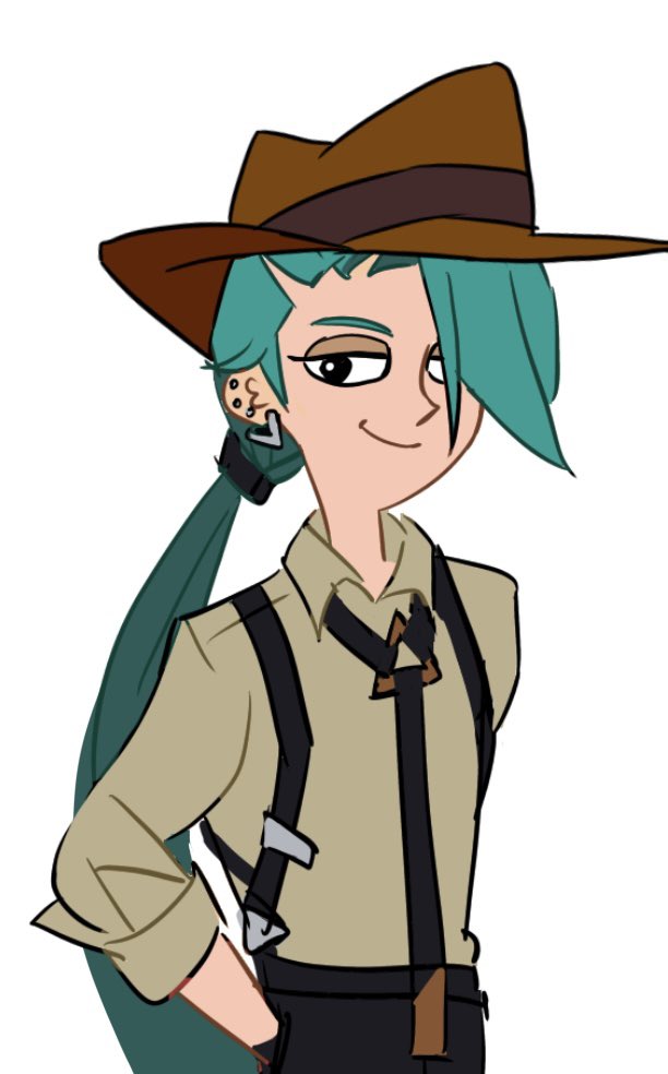 1girl, collared_shirt, cosplay, fedora, flat_chest, green_hair, hand_in_pocket, hat