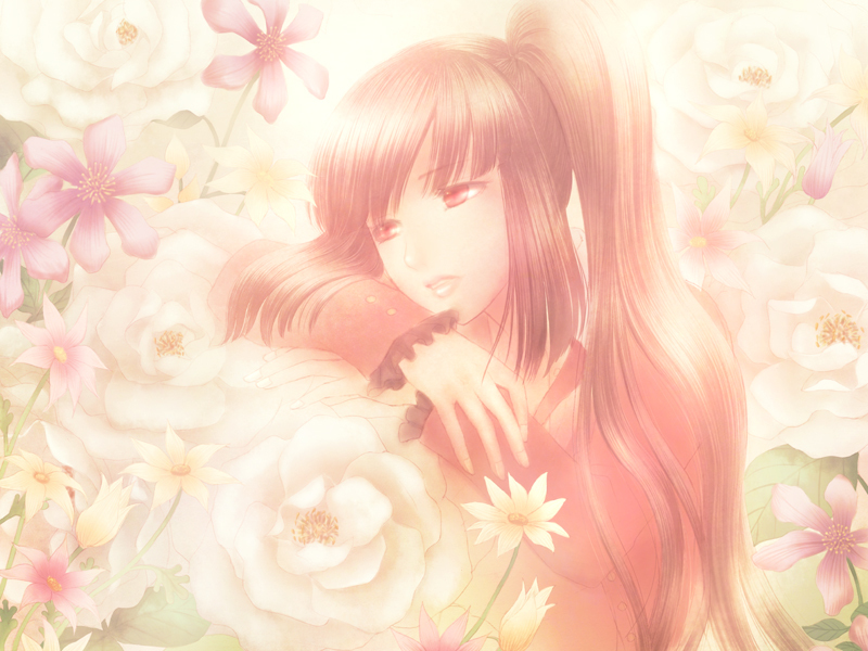 bad_id, belphegor, black_hair, flower, long_hair, necktie, ponytail, red_eyes