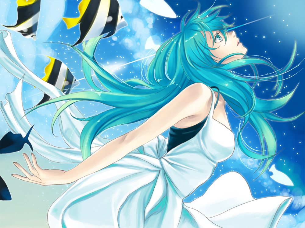 aqua_eyes, aqua_hair, bad_id, dress, fish, hatsune_miku, long_hair, okeya_(ol23), solo, vocaloid