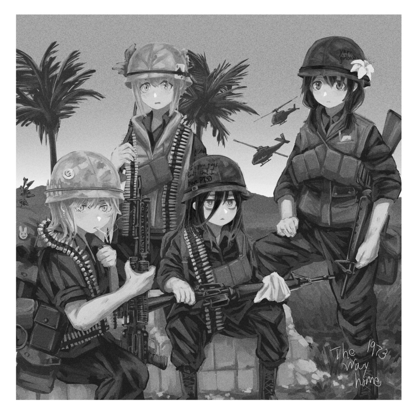 4girls, absurdres, aircraft, ammunition_belt, ammunition_pouch, assault_rifle, backpack, bag