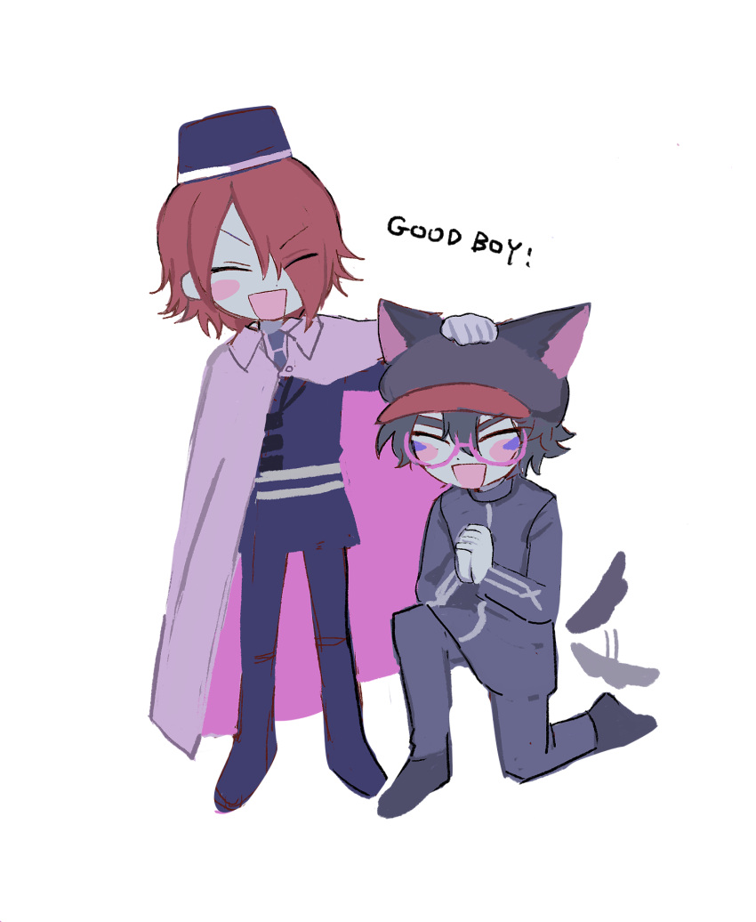 2boys, animal_ears, black_hair, black_headwear, blue_jacket, blue_pants, blush, cabbie_hat