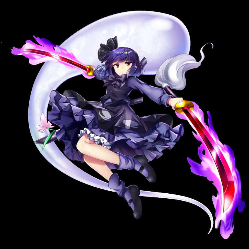 1girl, alternate_color, alternate_hair_color, black_background, black_bow, black_bowtie, black_footwear, black_hairband
