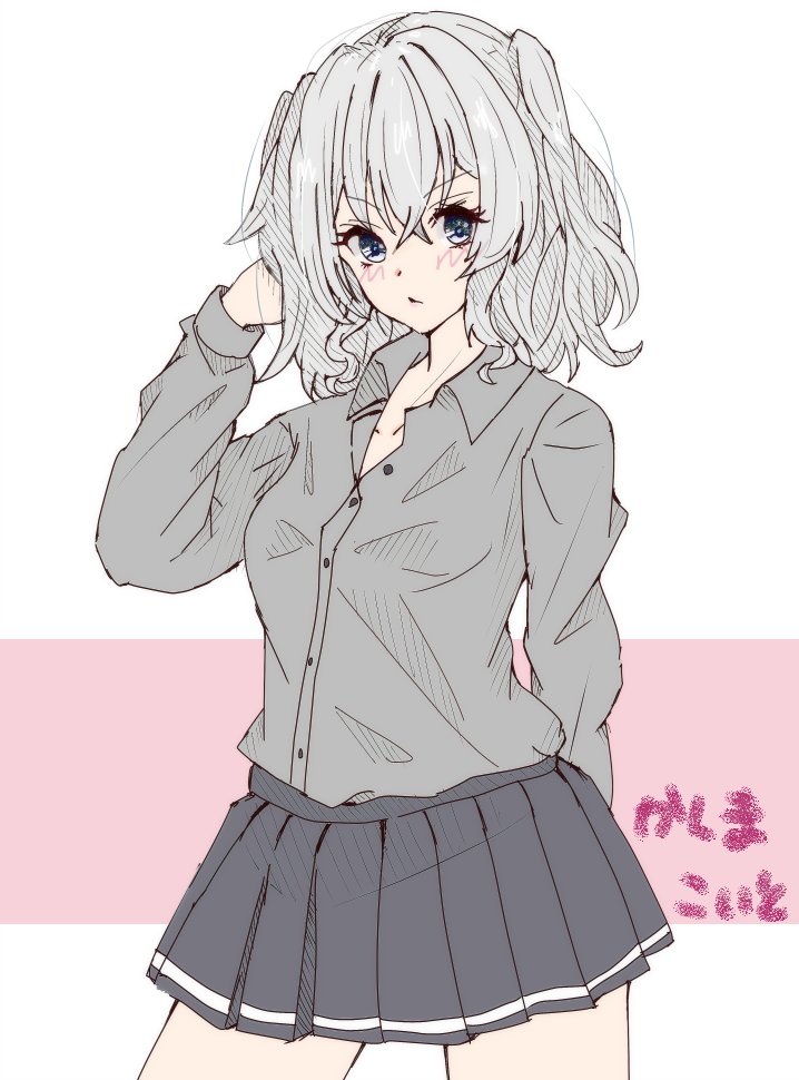 1girl, alternate_costume, black_skirt, contrapposto, cowboy_shot, dress, dress_shirt, epaulettes, grey_eyes, grey_hair, grey_shirt, kantai_collection, kashima_(kancolle), koito_(shi_marl_marl), long_hair, one-hour_drawing_challenge, pleated_dress, shirt, sidelocks, skirt, solo, twintails, wavy_hair